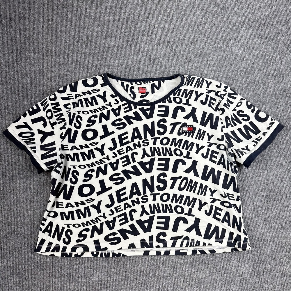 Tommy‎ Jeans Shirt Womens XL White Navy Logo Allover Ringer Graphic Tee Top